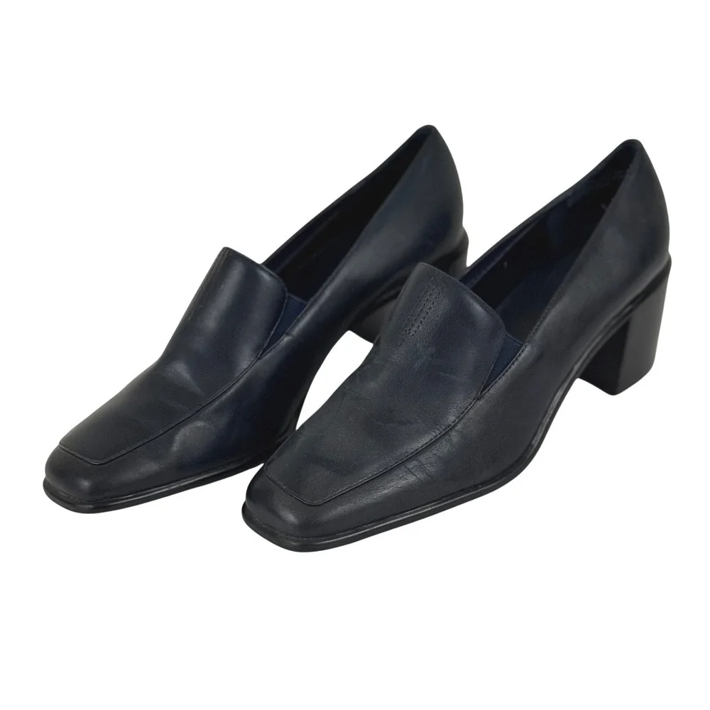 90s/Y2K Minimalist Heels Navy Blue Classic Square Toe Block Heel Loafer Size 7.5